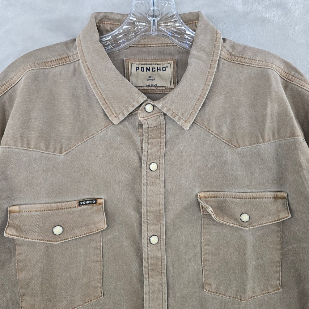 Poncho Western Denim Shirt Mens XXL Slim Brown Pearl Snap Long Sleeve